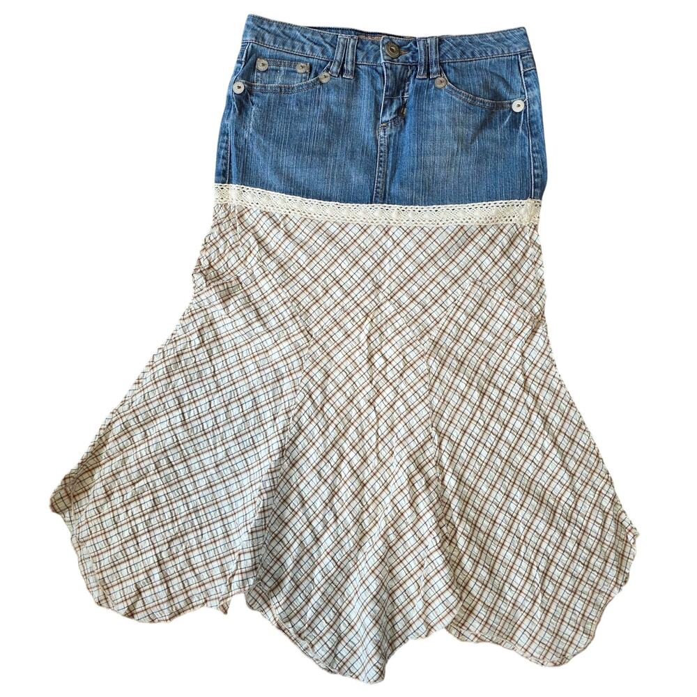 Vtg Y2K Candie's Denim Plaid Asymmetrical Lace Trim Handkerchief Midi Skirt - Picture 2 of 13